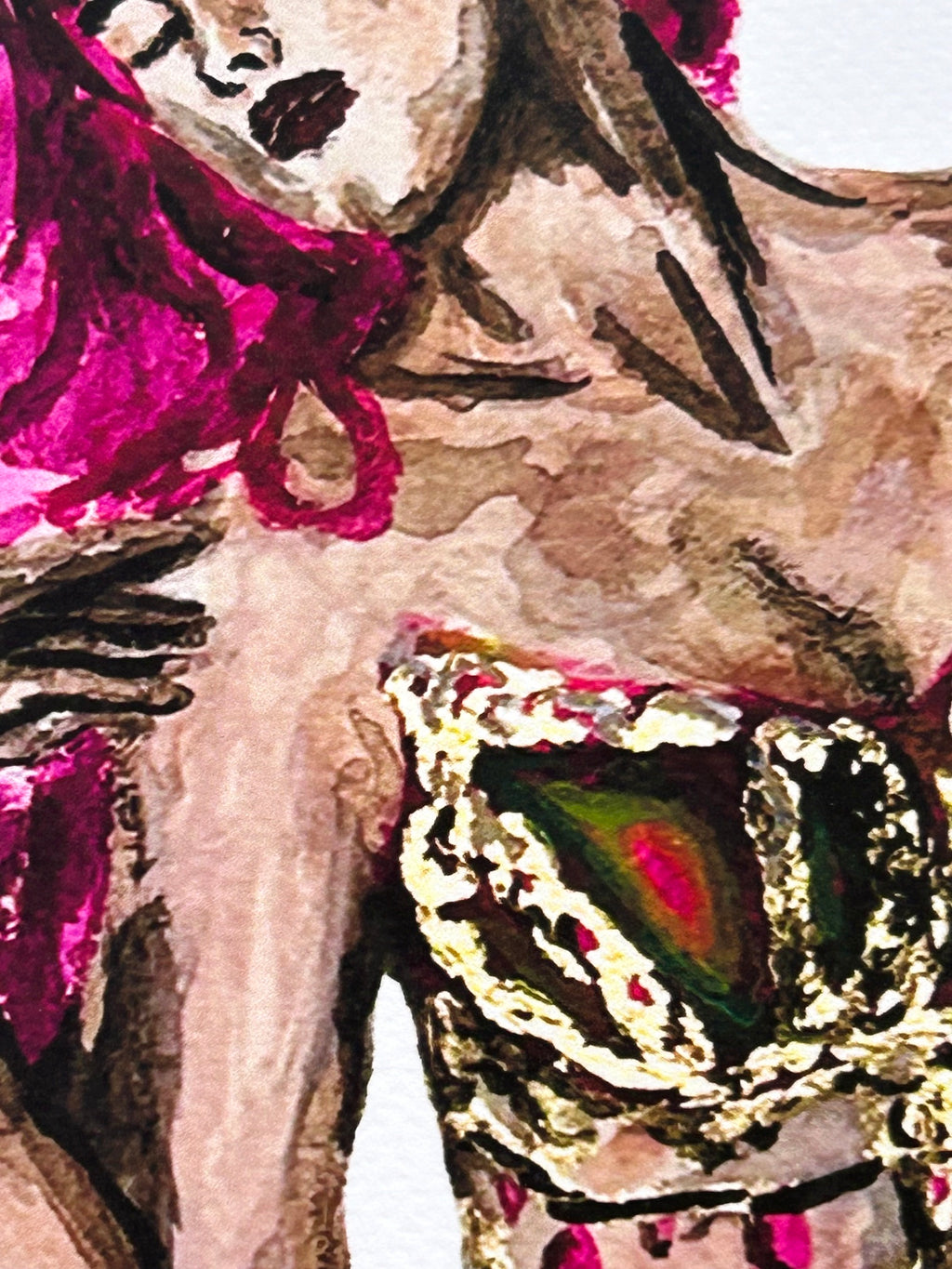 Close-up detail of Lysara Of The Blushing Tide 5x7 mermaid art print showing pink hair and gold-accented clothing