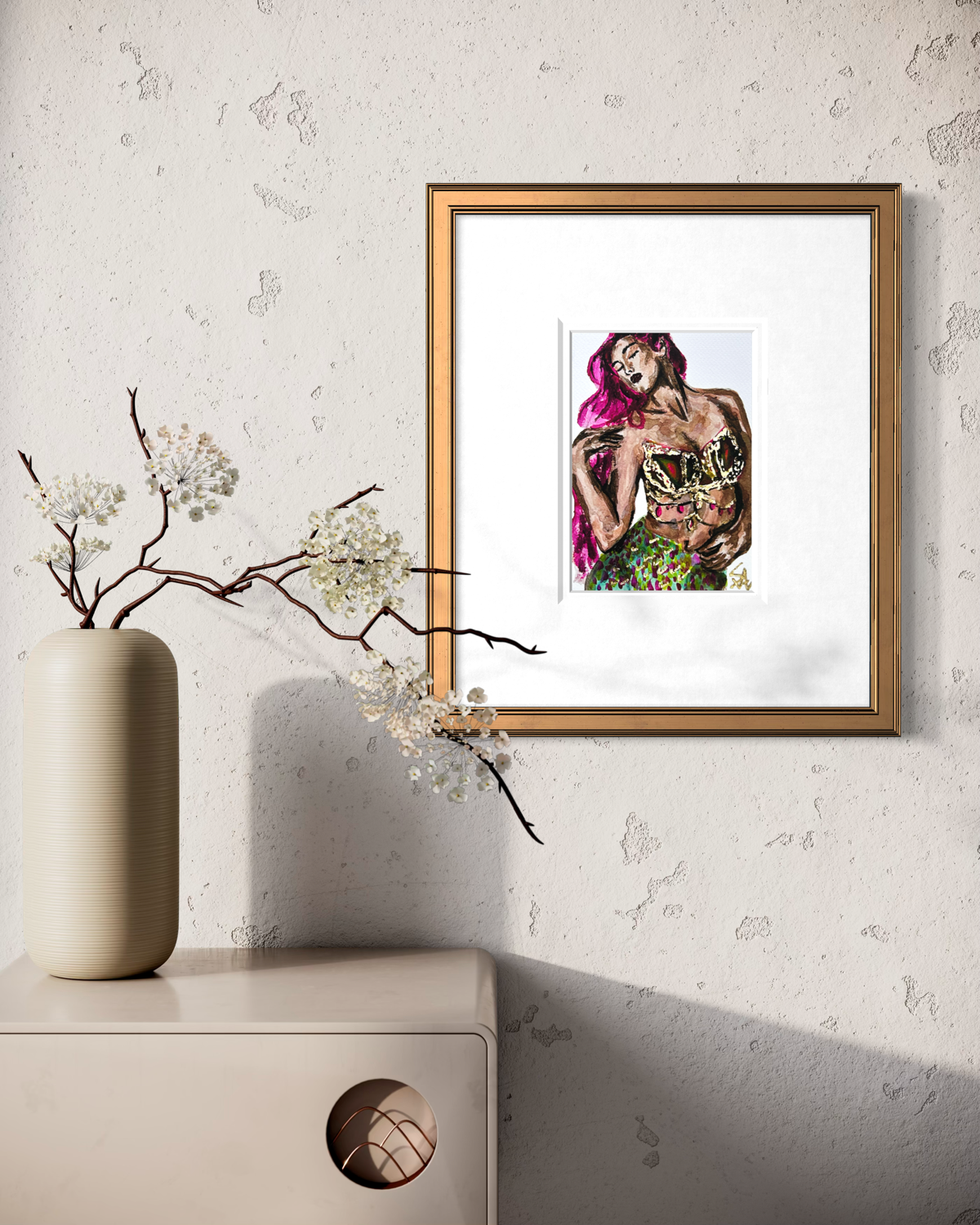 Lysara Of The Blushing Tide 5x7 mermaid art print displayed framed on a wall