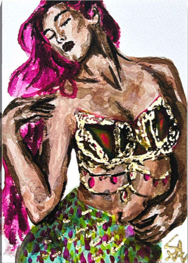 Lysara Of The Blushing Tide 5x7 art print featuring a vibrant pink-haired mermaid from the Chromatic Tides Collection