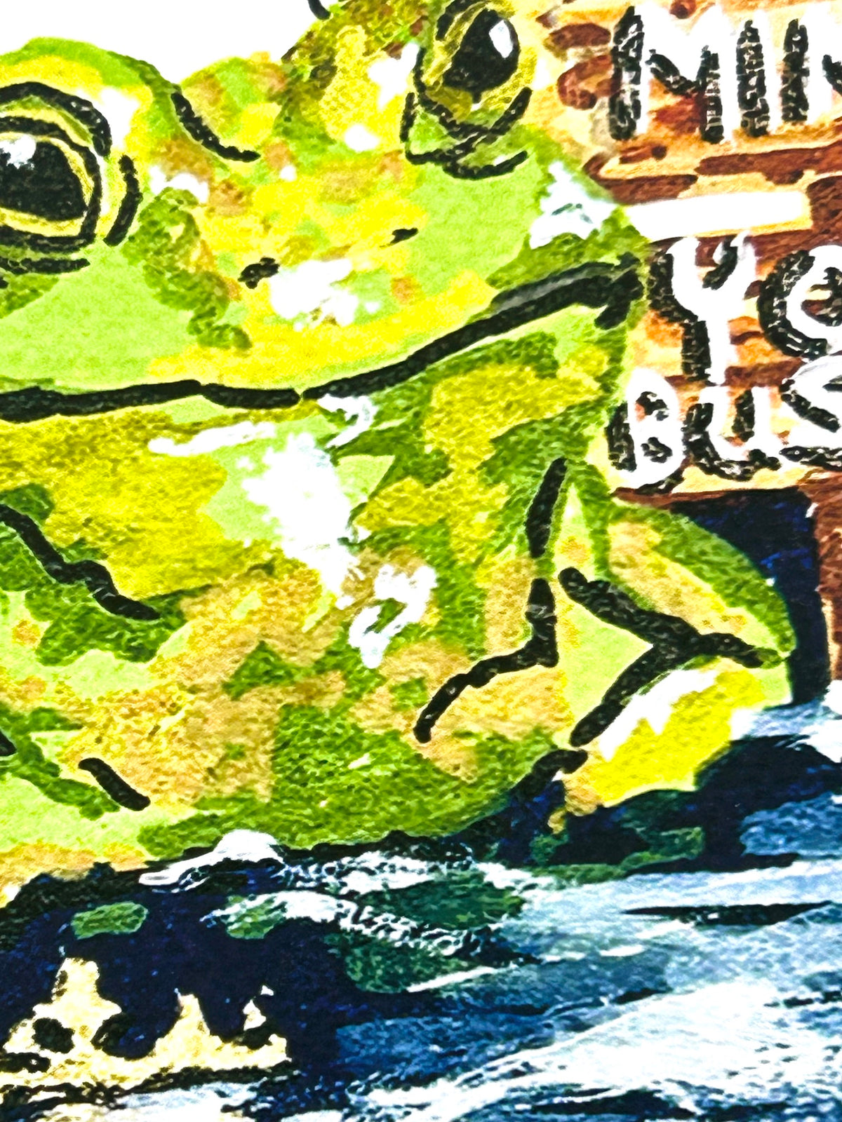 Close-up detail of Mind Your Business frog art print showing the green frog, sign, and textured blue water