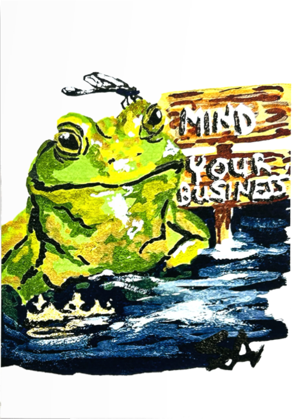 Mind Your Business 5x7 art print featuring a green frog beside a Mind Your Business sign