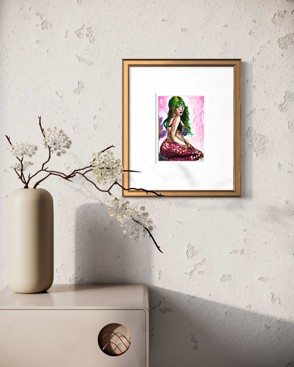 Nerina Of The Bright Tides 5x7 mermaid art print displayed framed on a wall
