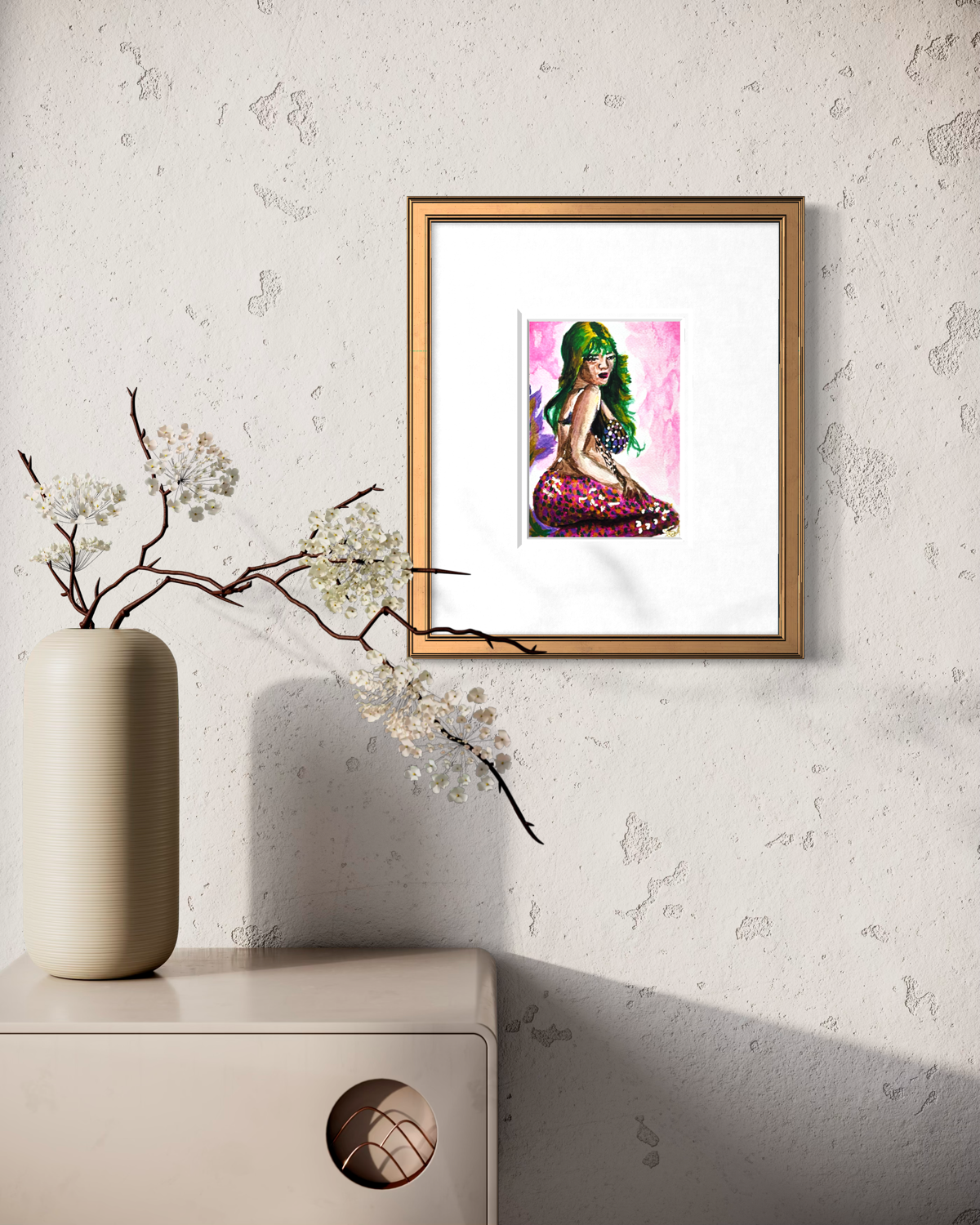 Nerina Of The Bright Tides 5x7 mermaid art print displayed framed on a wall