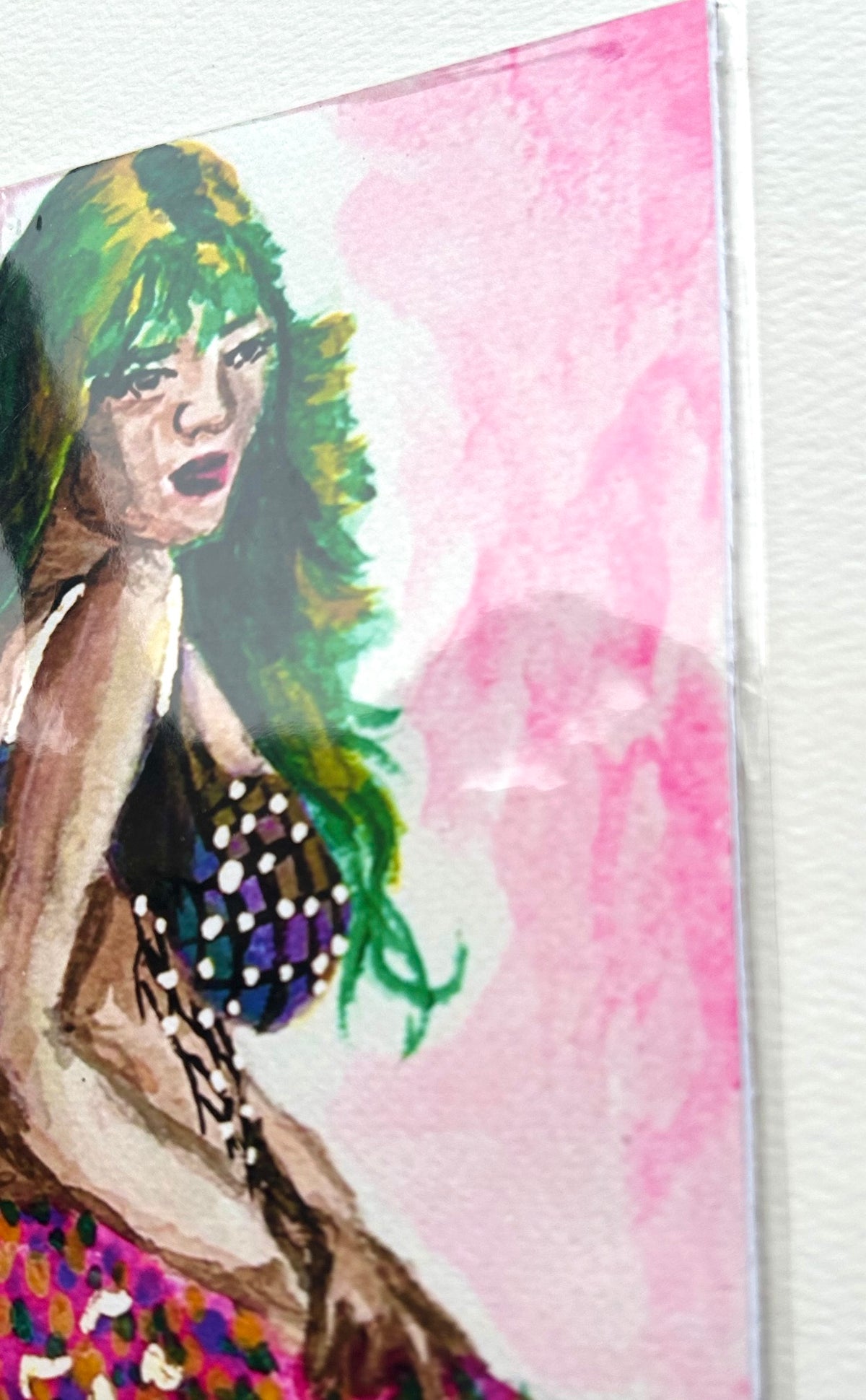 Angled close-up of Nerina Of The Bright Tides 5x7 art print showing the pink background and print detail