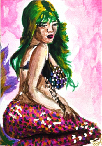 Nerina Of The Bright Tides 5x7 art print featuring a colorful green-haired mermaid from the Chromatic Tides Collection