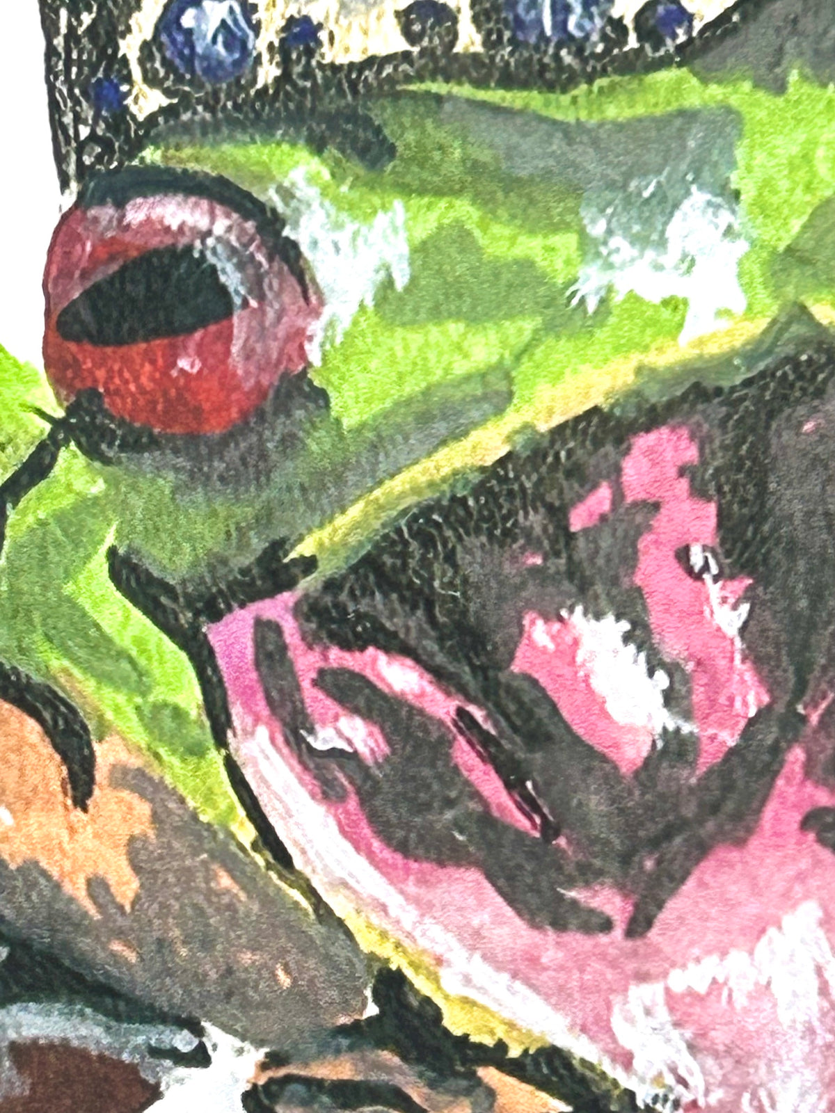 Close-up detail of Not Today Satan 5x7 art print featuring the crowned frog and pink flower