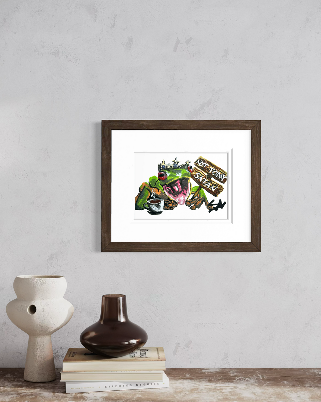 Not Today Satan 5x7 frog art print displayed in a dark wood frame on a neutral wall