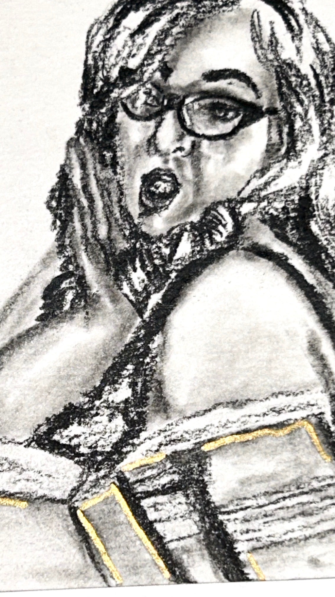 Close-up of Oh? ACEO portrait created with charcoal pencil and gold marker