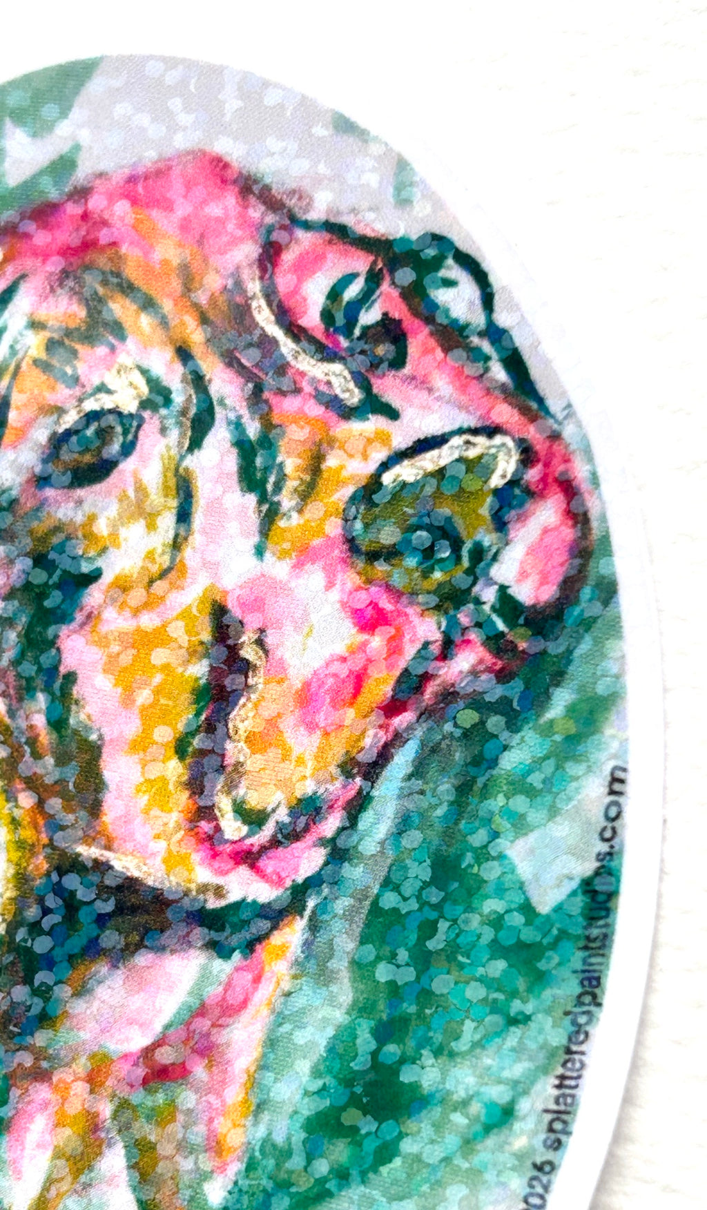 Close-up of Open Trust holographic vinyl sticker highlighting the colorful dog portrait and reflective details