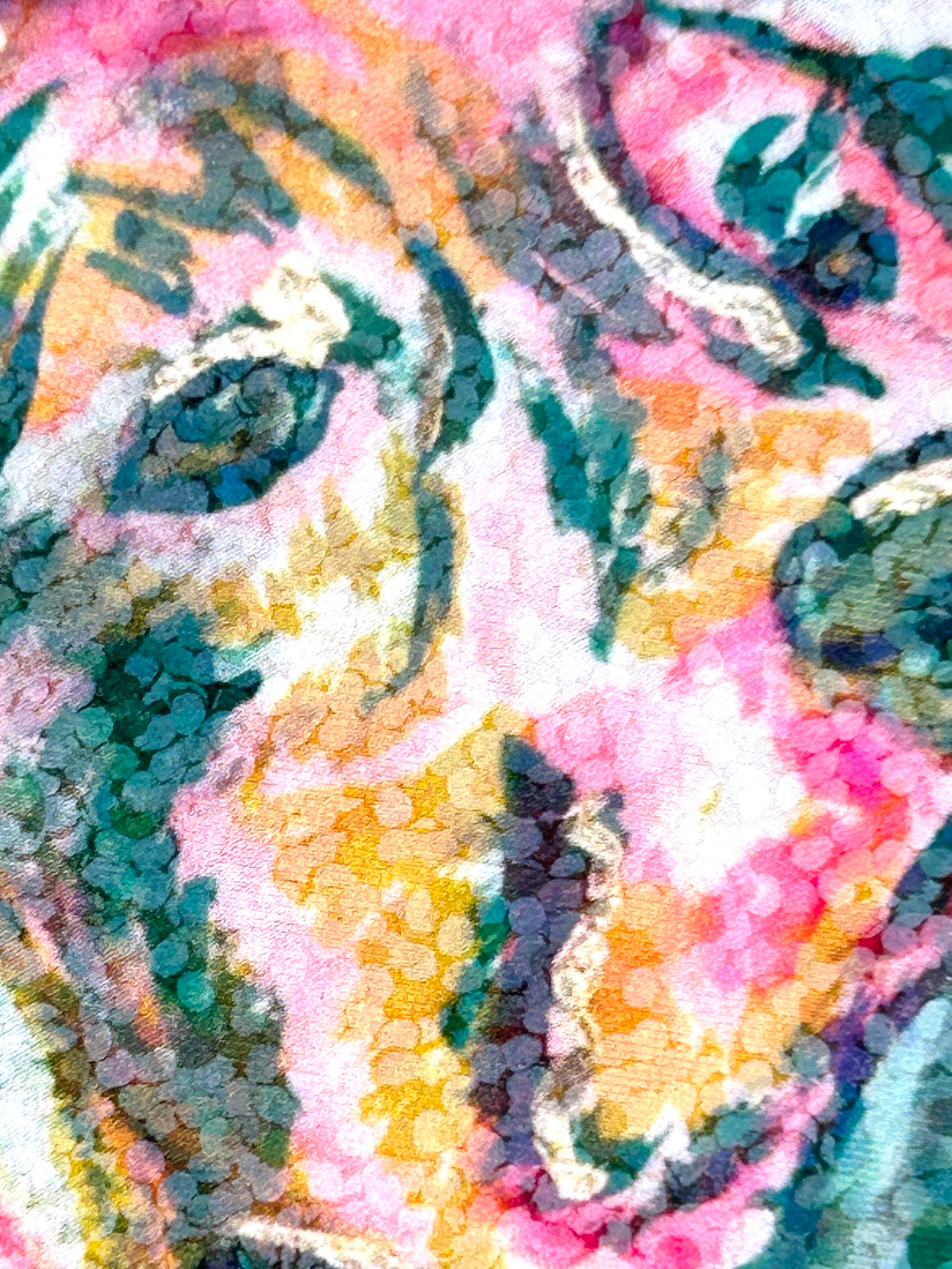 Close-up detail of Open Trust holographic dog sticker showing vibrant pink, teal, and gold artwork