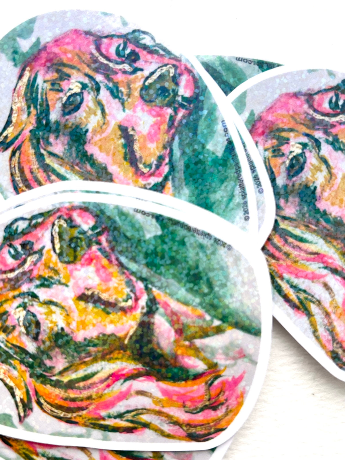 Stack of Open Trust holographic vinyl stickers featuring colorful dog artwork from the Neon Familiars collection