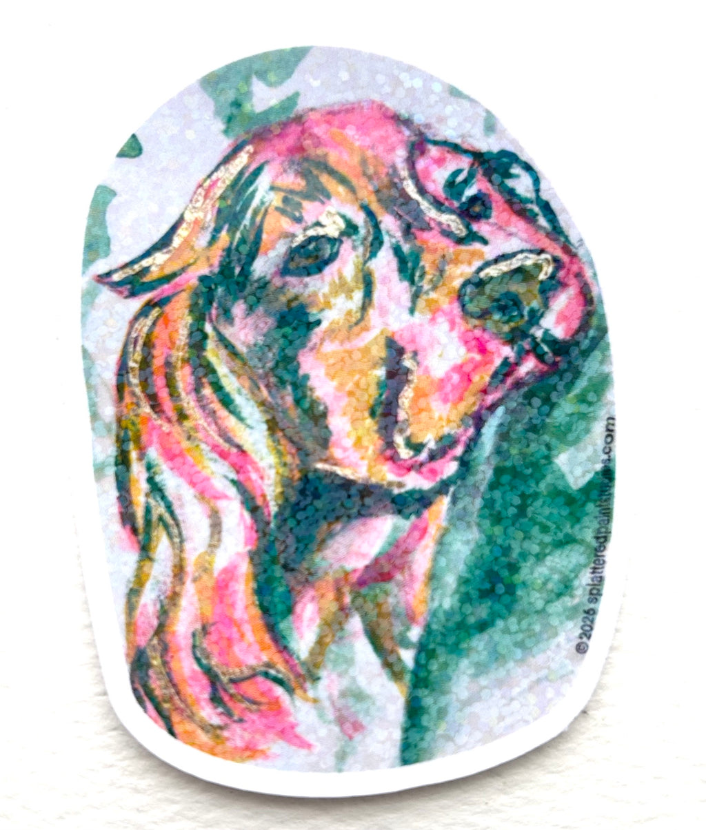 Open Trust holographic vinyl sticker featuring a colorful expressive dog portrait from the Neon Familiars collection