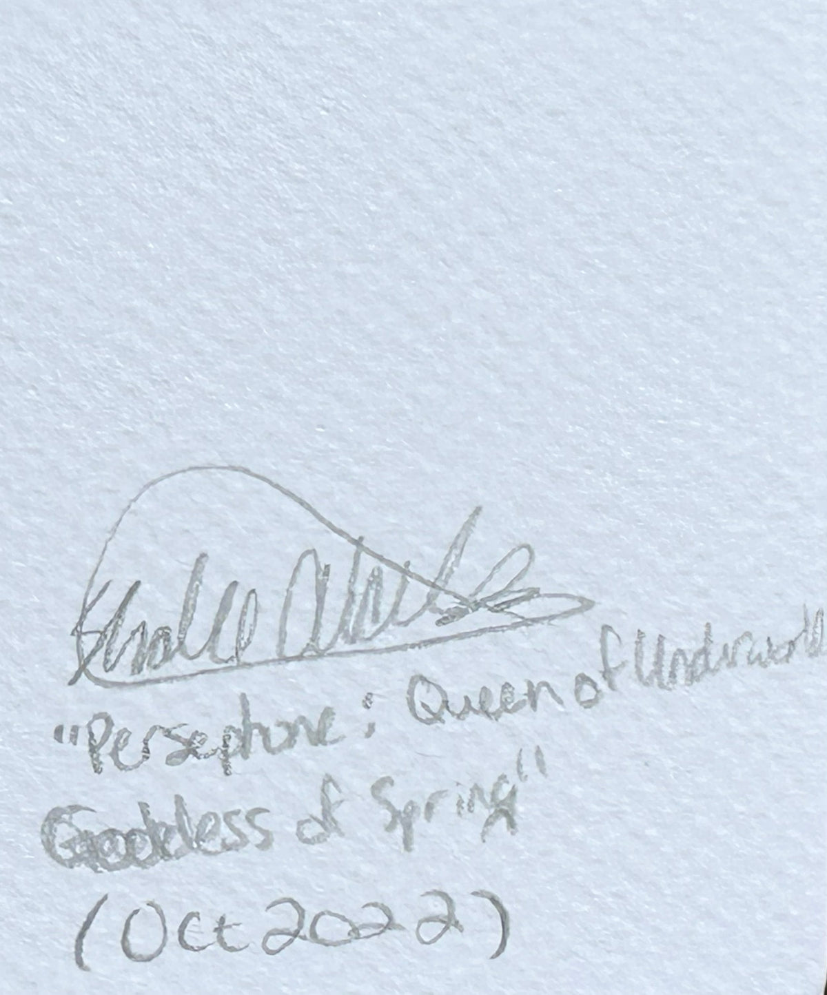 Signed back of Persephone goddess fine art print by Shalee Talbert