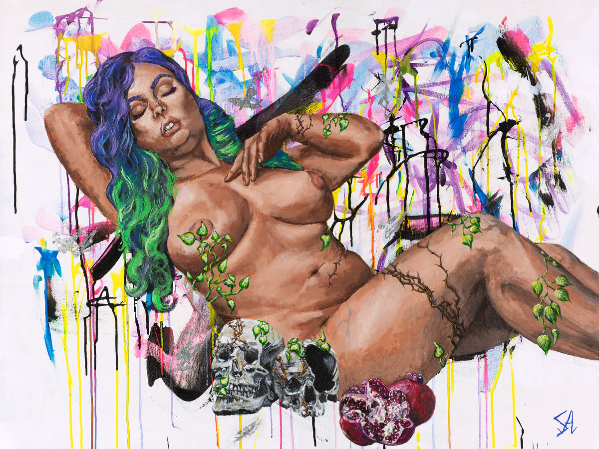 Persephone original acrylic painting featuring a reclining woman with green vines, skulls, pomegranate, and expressive colorful background