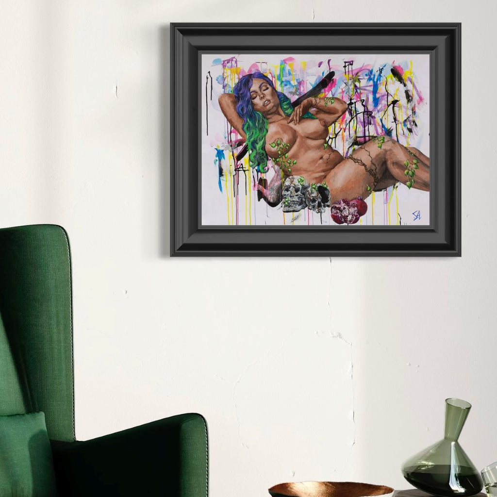 Persephone Greek goddess art print featuring a reclining woman with green hair, displayed in a black frame.