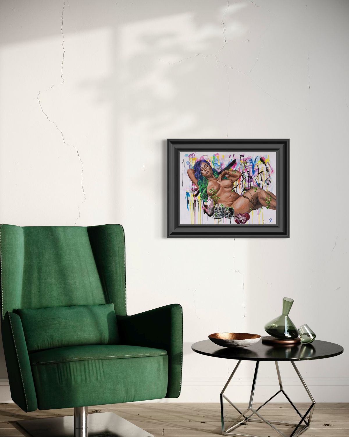 Persephone Greek goddess art print displayed in a black frame on a white wall beside a green chair.