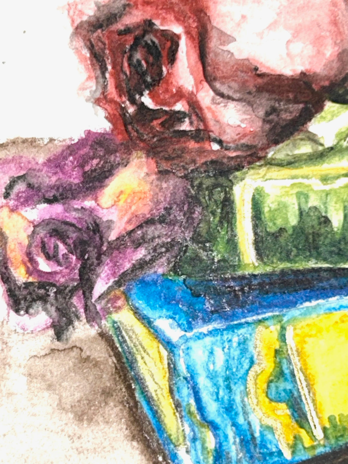 Close-up of Pressed Between Pages ACEO artwork with flowers and colorful books