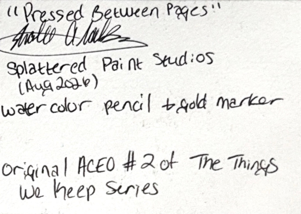 Signed back of Pressed Between Pages original miniature artwork by Shalee Talbert