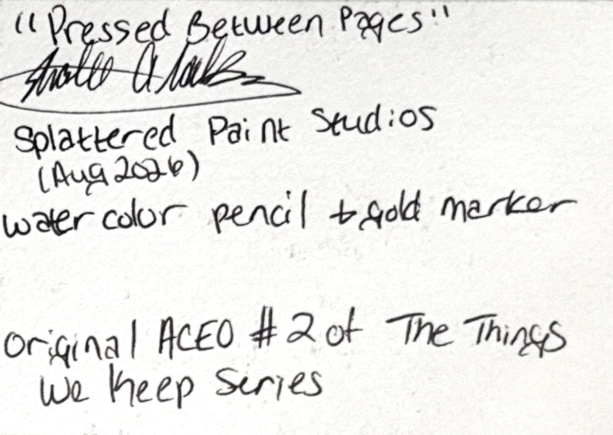 Signed back of Pressed Between Pages original miniature artwork by Shalee Talbert