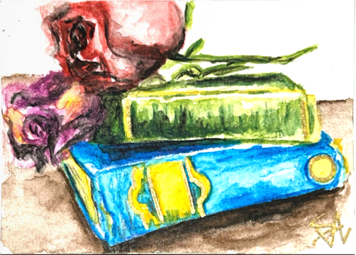 Pressed Between Pages original 2.5x3.5 miniature floral and book artwork by Shalee Talbert