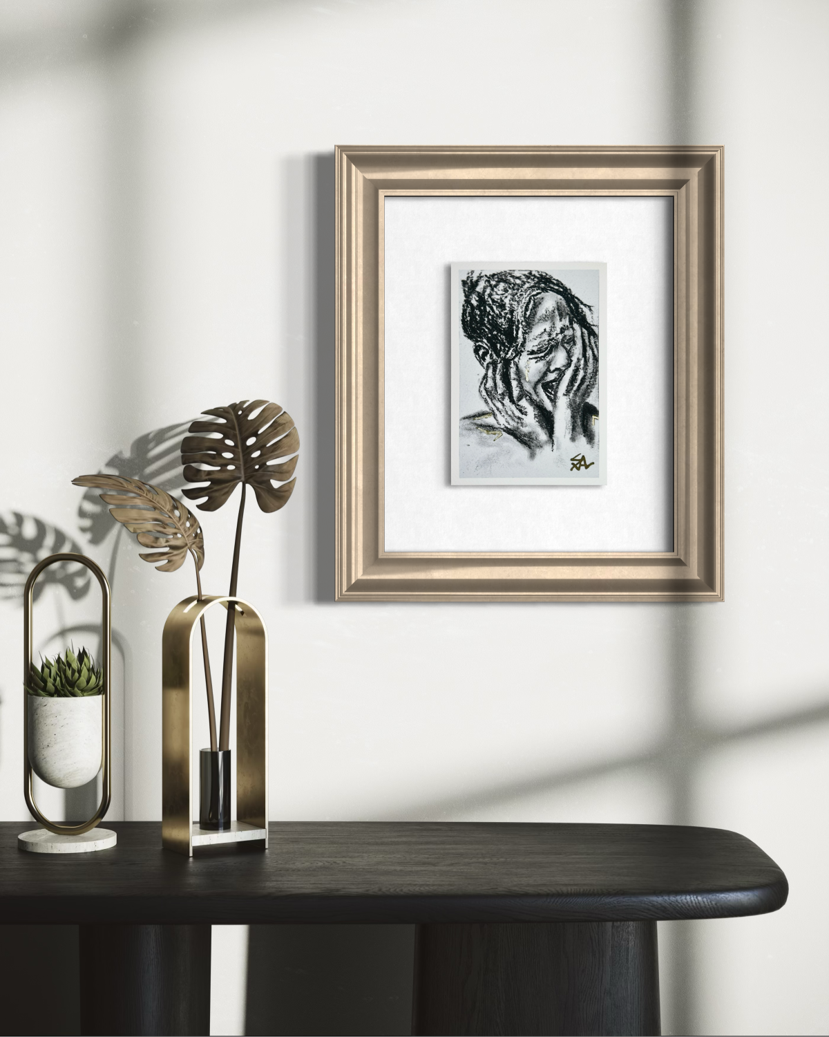 Quiet Ache 5x7 art print displayed in a gold frame in a modern interior setting