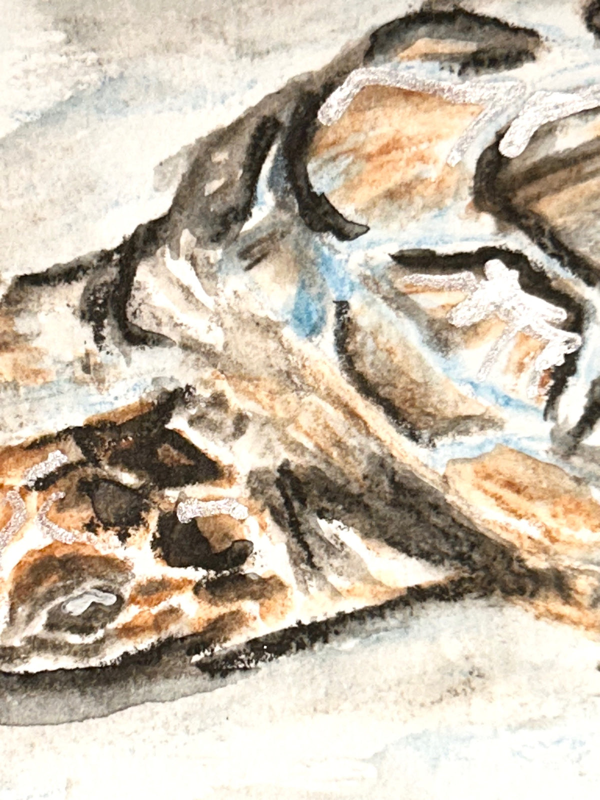Close-up of Quiet Reflection ACEO sea turtle artwork in watercolor pencil and silver marker