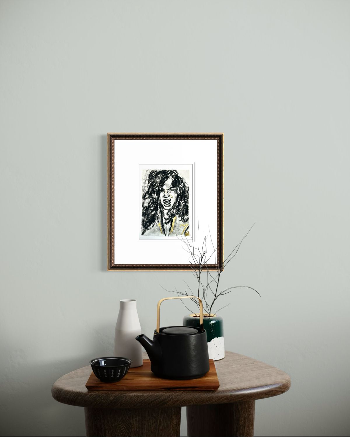 Rage Bloom 5x7 charcoal art print displayed in a framed wall mockup above a table