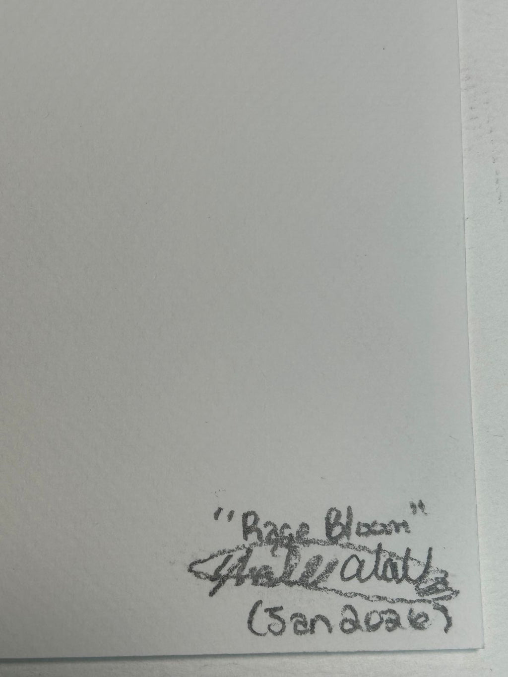 Back of Rage Bloom art print showing the title, artist signature, and January 2026 date