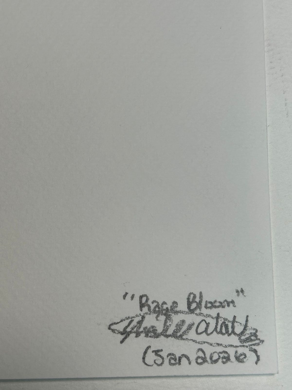 Back of Rage Bloom art print showing the title, artist signature, and January 2026 date