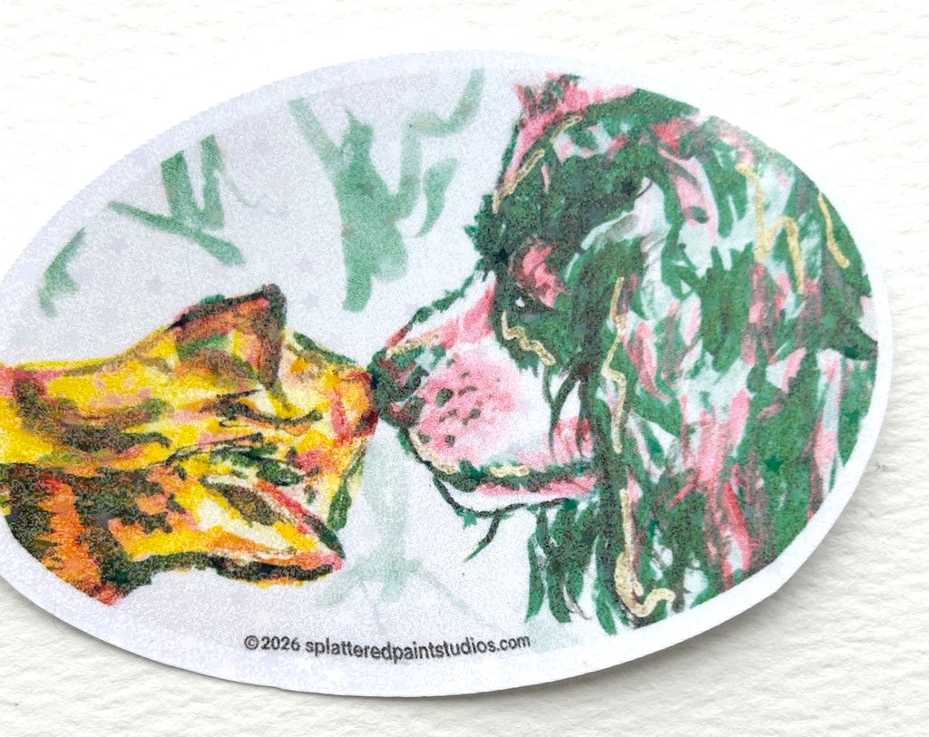 Recognition holographic vinyl sticker featuring a colorful cat and dog touching noses from the Neon Familiars collection