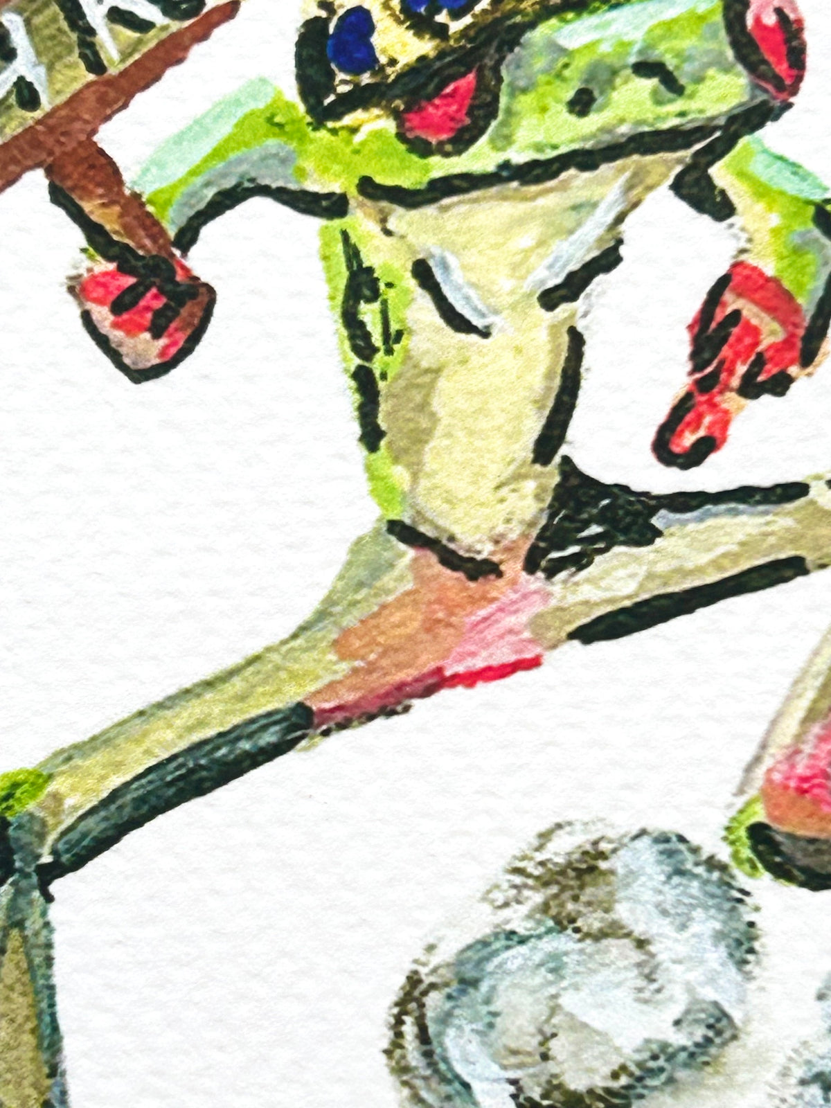 Close-up of Run B*tch Run art print showing expressive details of the crowned green frog running