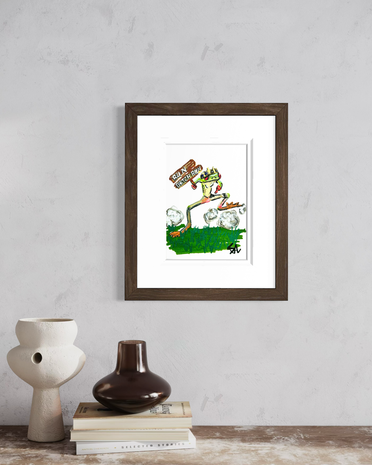 Run B*tch Run 5x7 frog art print displayed in a dark wood frame with neutral modern decor