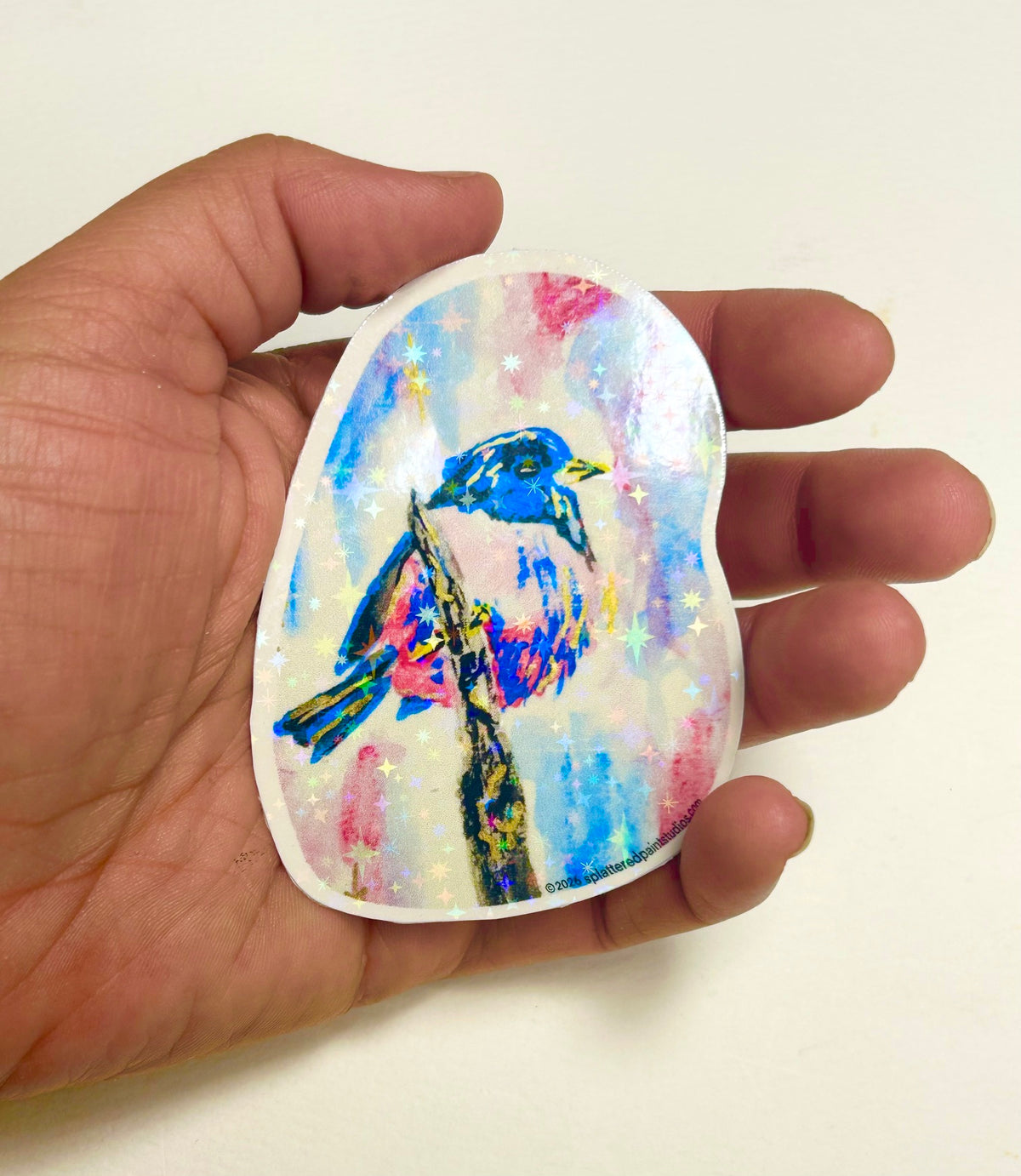 Skyspell 3-inch holographic vinyl art sticker held in hand to show size and colorful bird design