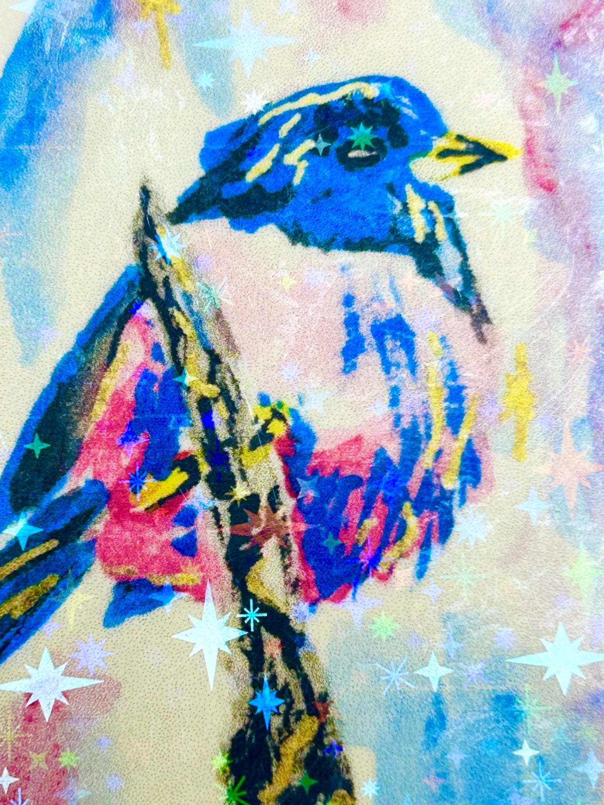 Close-up of Skyspell holographic vinyl sticker showing a colorful blue and pink bird with reflective star details