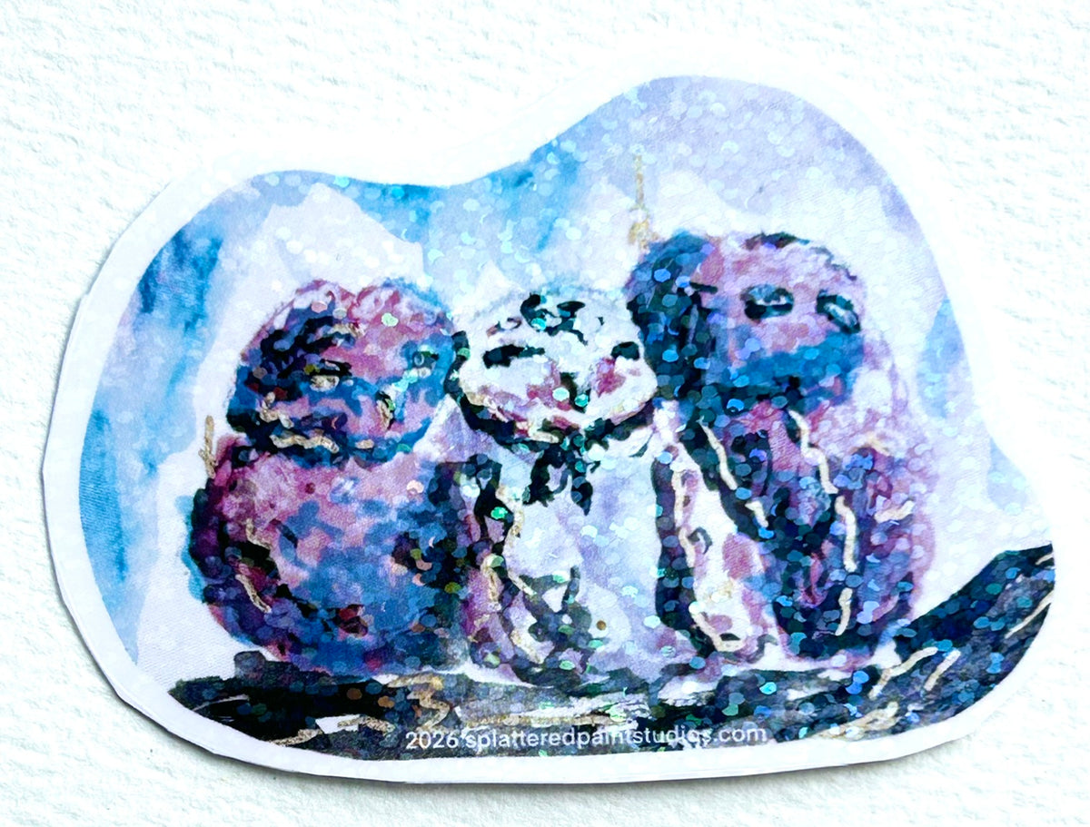 Starbound Siblings 3-inch vinyl art sticker featuring three colorful baby owls perched together