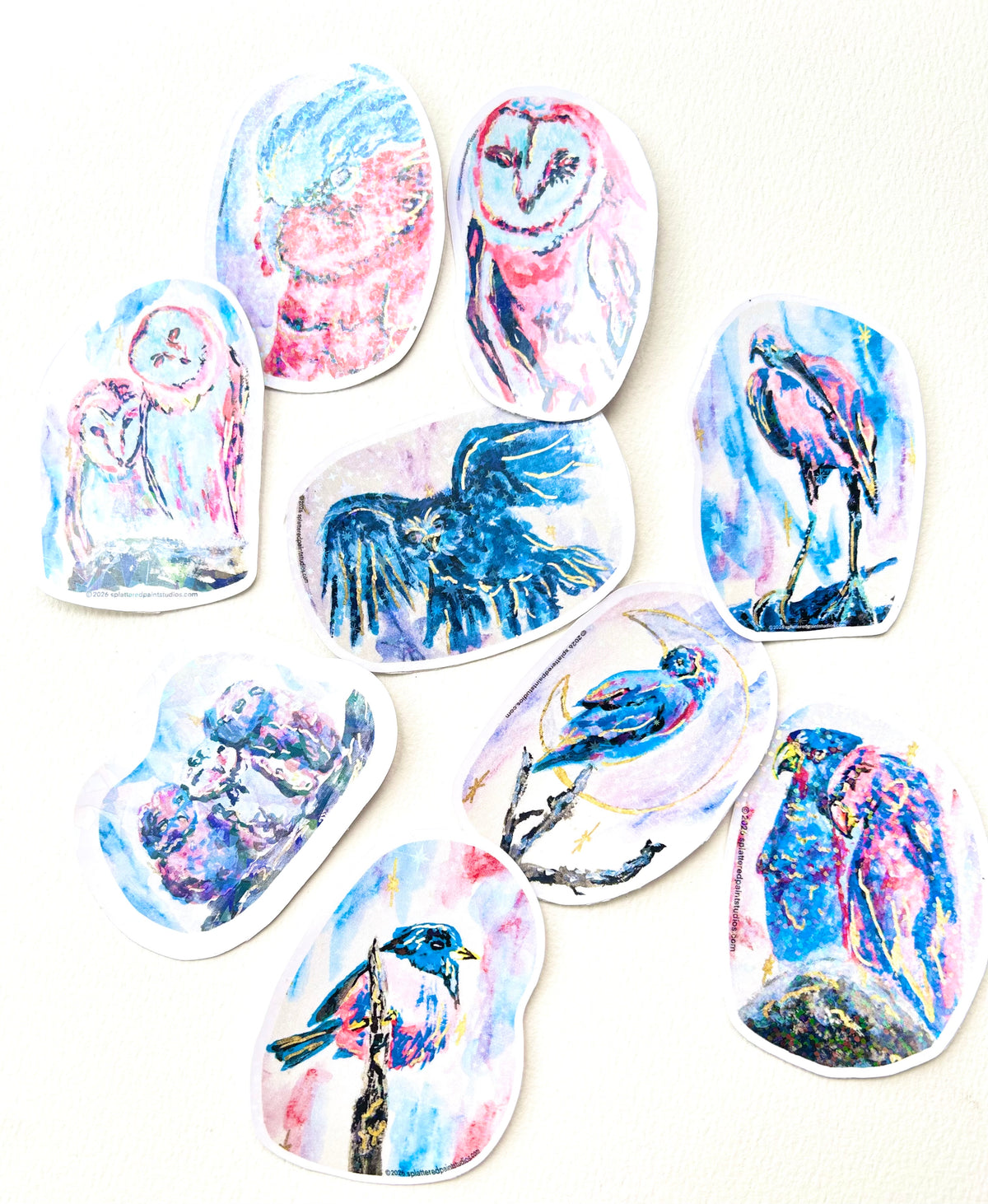 Starlit Aviary vinyl sticker collection featuring colorful original bird artwork by Splattered Paint Studios