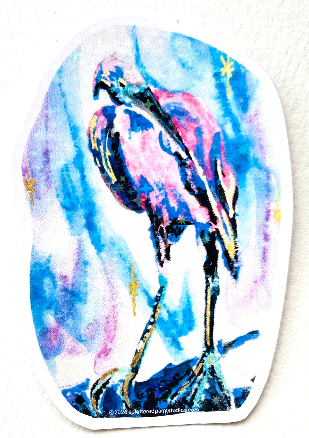 Starwake vinyl art sticker featuring a colorful pink and blue bird with star details from the Starlit Aviary collection