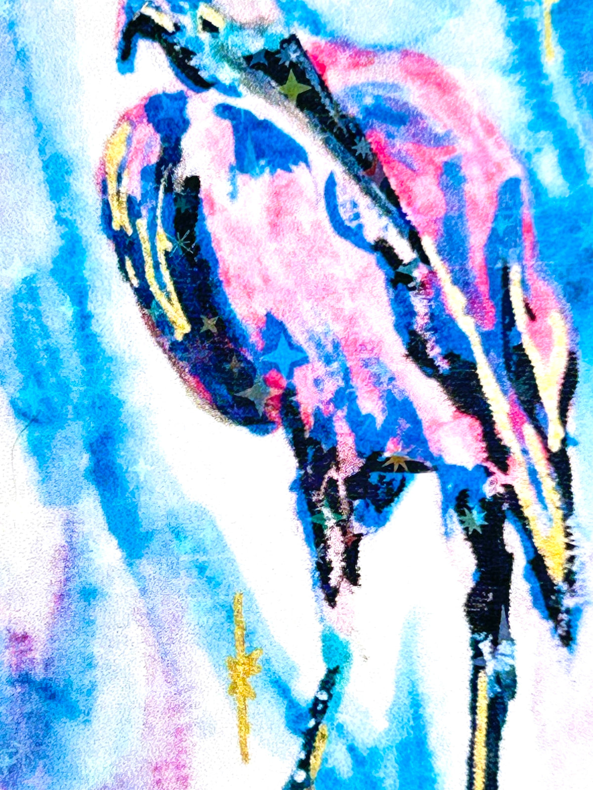 Close-up of Starwake vinyl sticker showing the pink and blue bird artwork with colorful star details