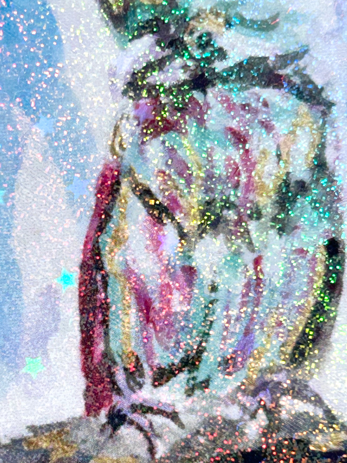 Close-up of Starward Vigil vinyl sticker showing the colorful parrot artwork and holographic sparkle