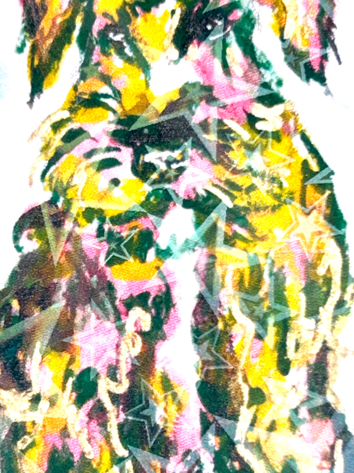 Close-up of Static Whiskers holographic vinyl sticker showing colorful expressive dog artwork with star details