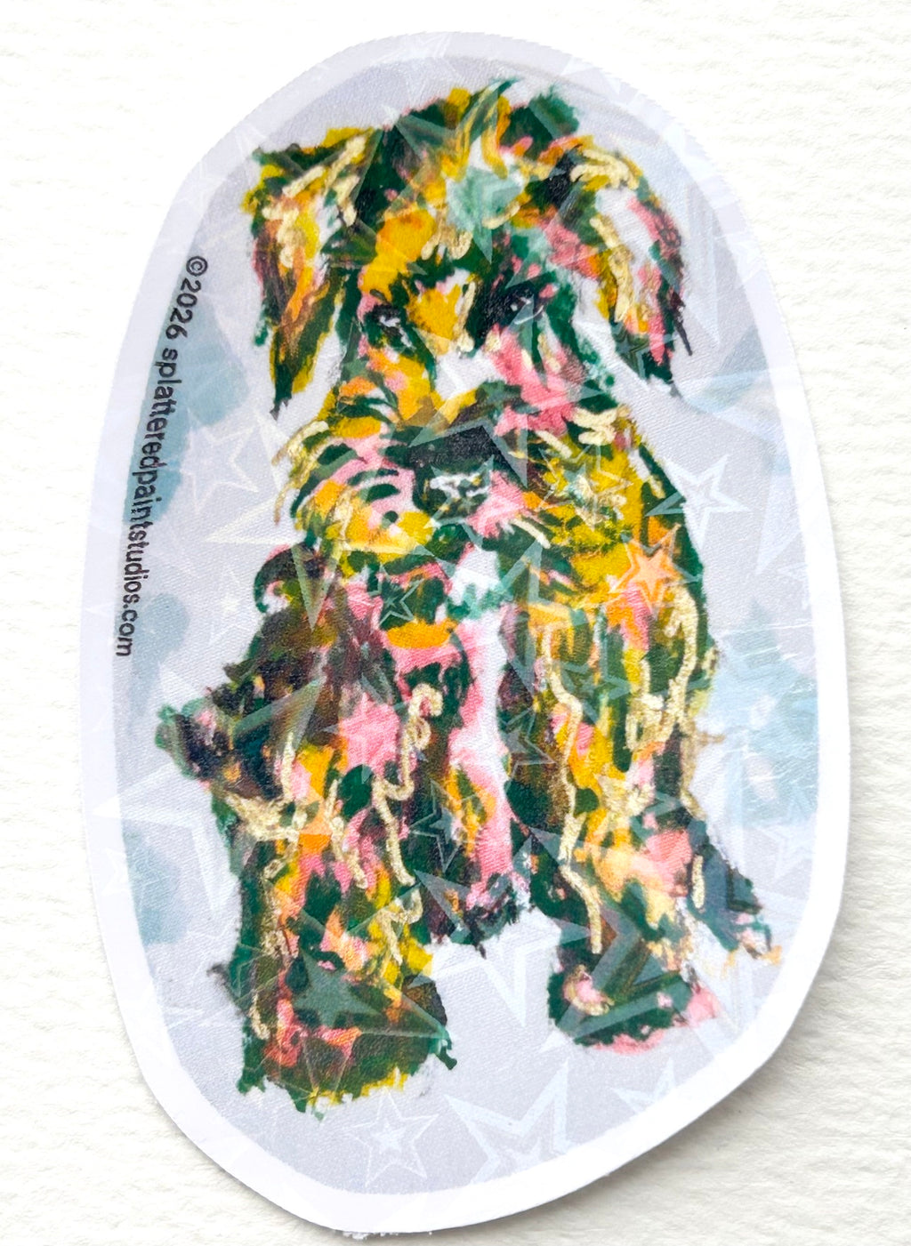 Static Whiskers 3-inch holographic vinyl sticker featuring colorful expressive dog artwork from the Neon Familiars collection
