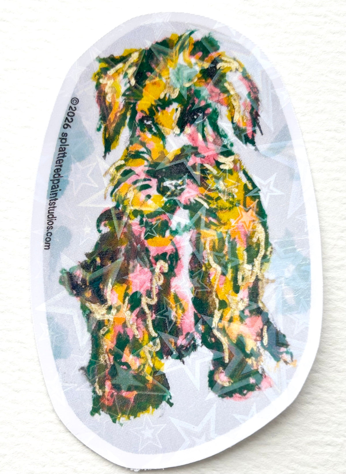 Static Whiskers 3-inch holographic vinyl sticker featuring colorful expressive dog artwork from the Neon Familiars collection