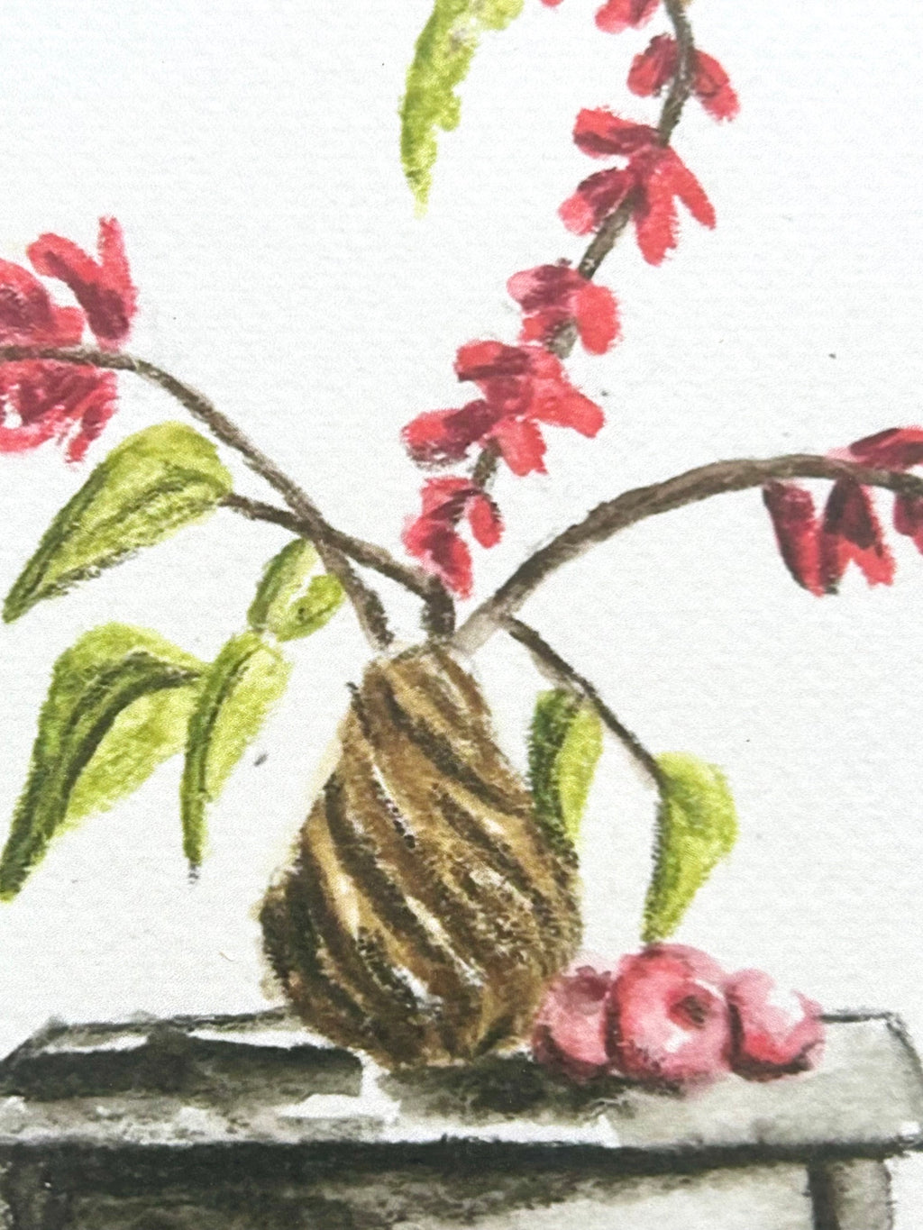 Close-up of Stillness on the Shelf art print showing red flowers, green leaves, and a textured brown vase