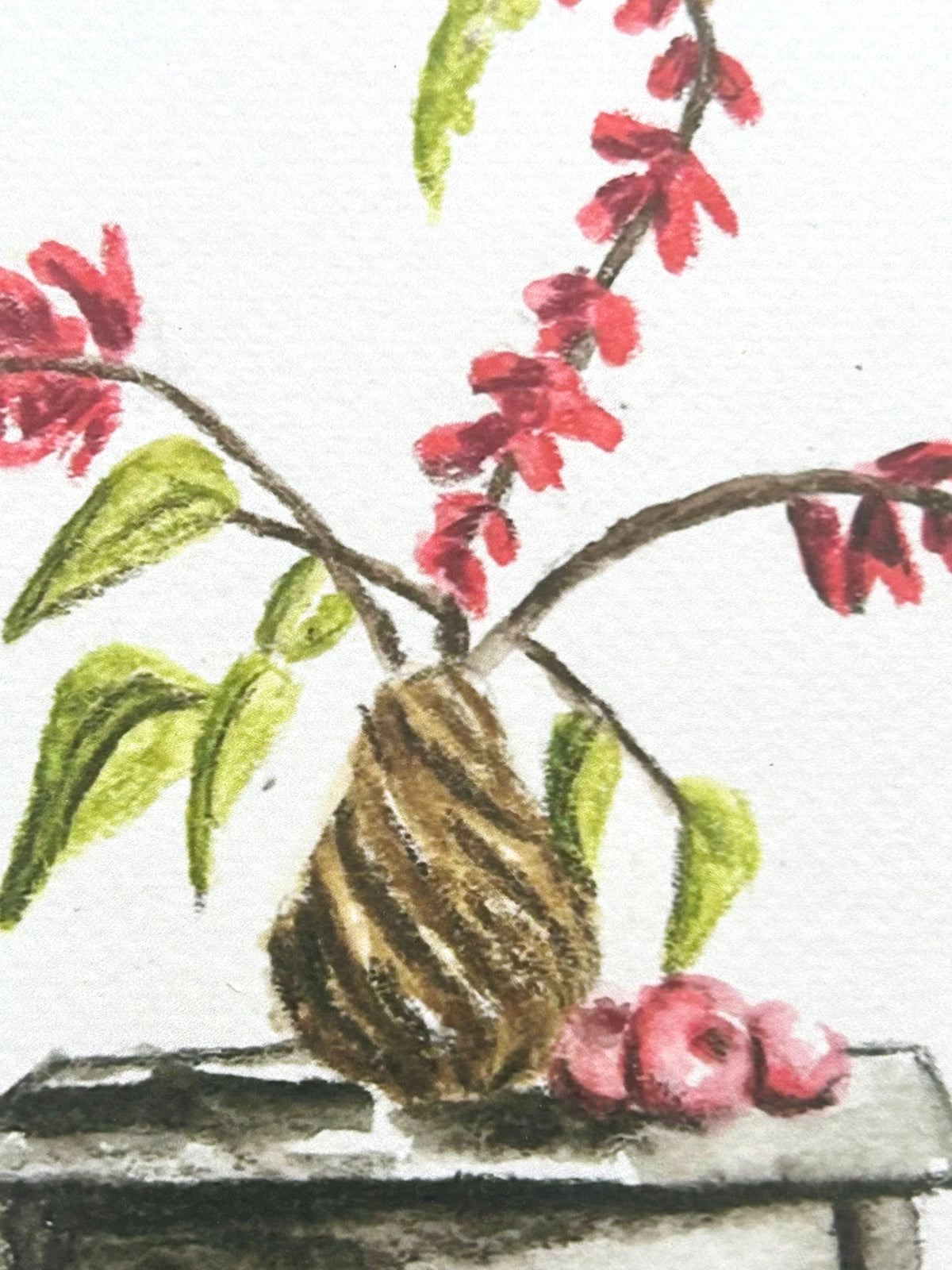 Close-up of Stillness on the Shelf art print showing red flowers, green leaves, and a textured brown vase