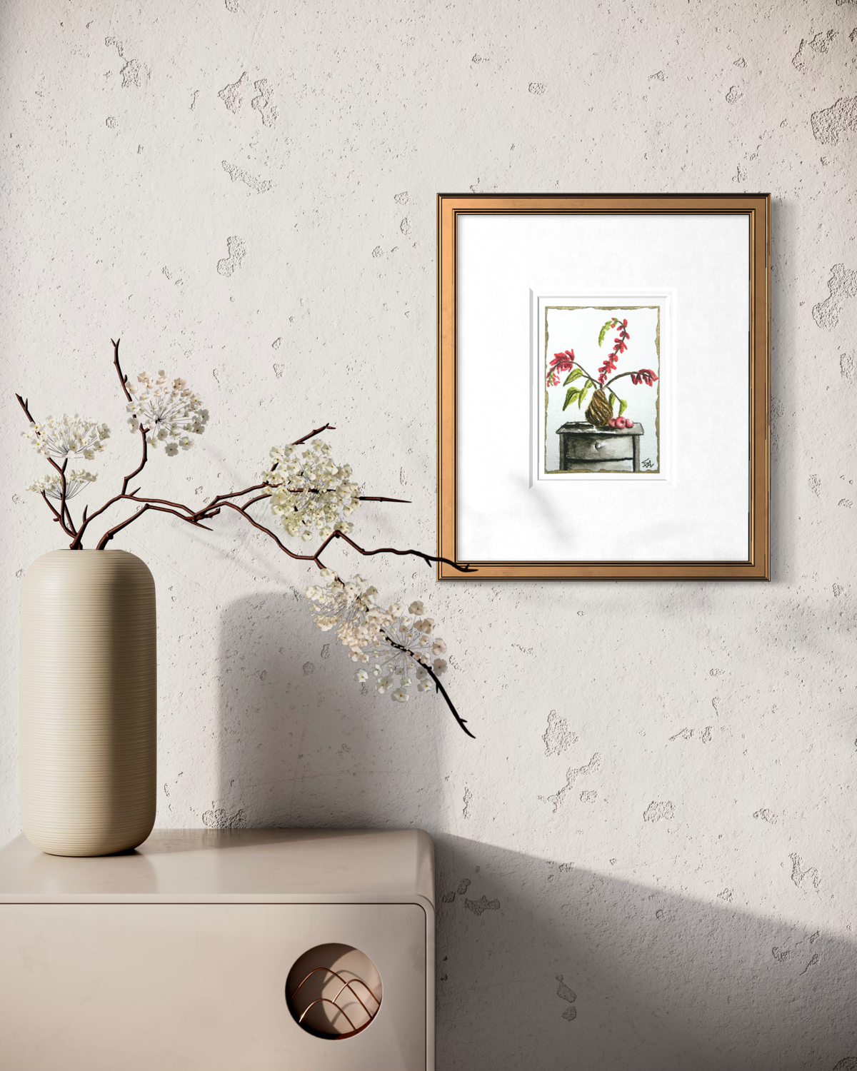 Stillness on the Shelf 5x7 floral art print from the Petals & Poise Collection displayed in a gold frame