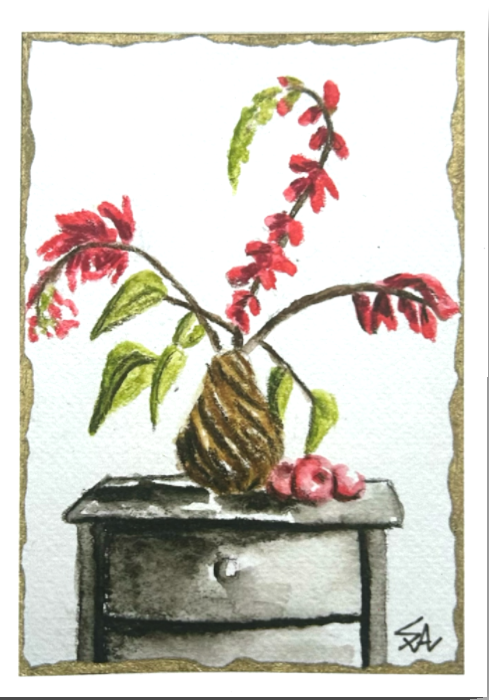 Stillness on the Shelf 5x7 floral art print featuring red flowers in a vase on a small table