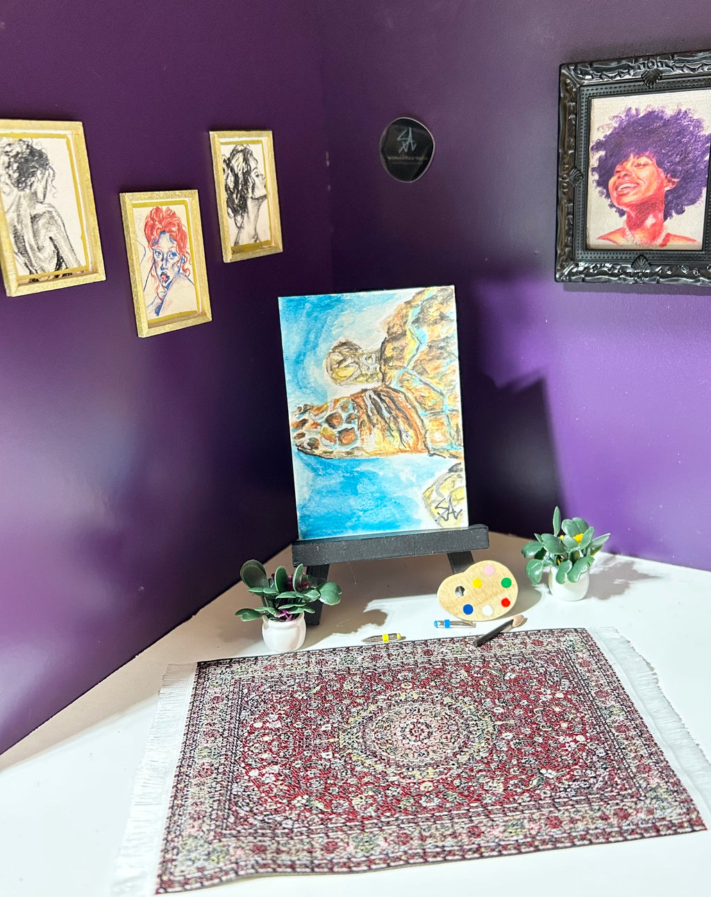 Sunlit Drift miniature sea turtle artwork displayed in an art room
