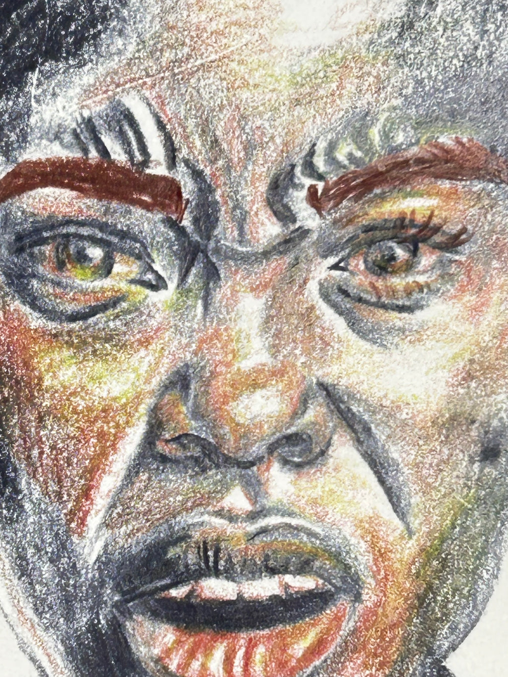 Close-up detail of The Last Word original colored pencil portrait showing expressive facial features and layered color