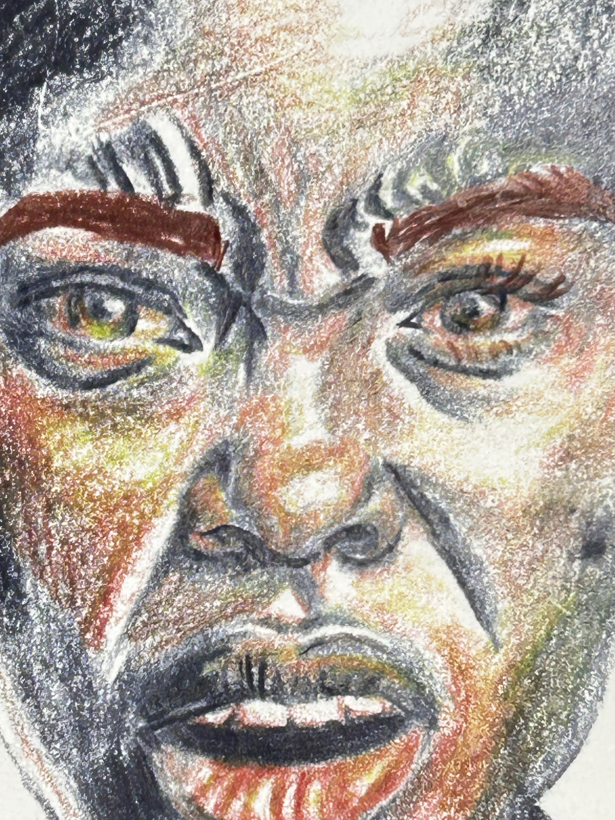 Close-up detail of The Last Word original colored pencil portrait showing expressive facial features and layered color