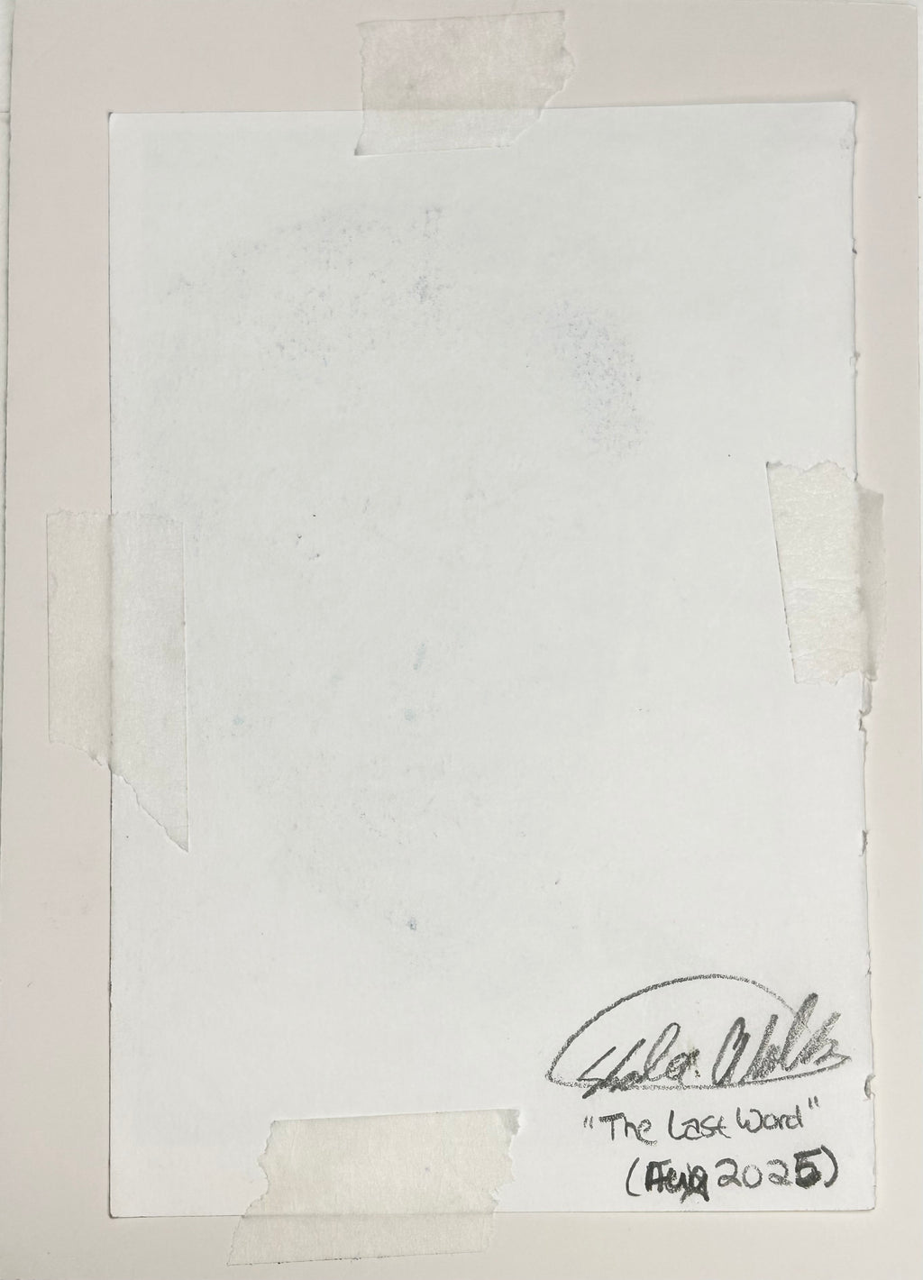 Back of The Last Word original drawing showing artist signature, title, and date